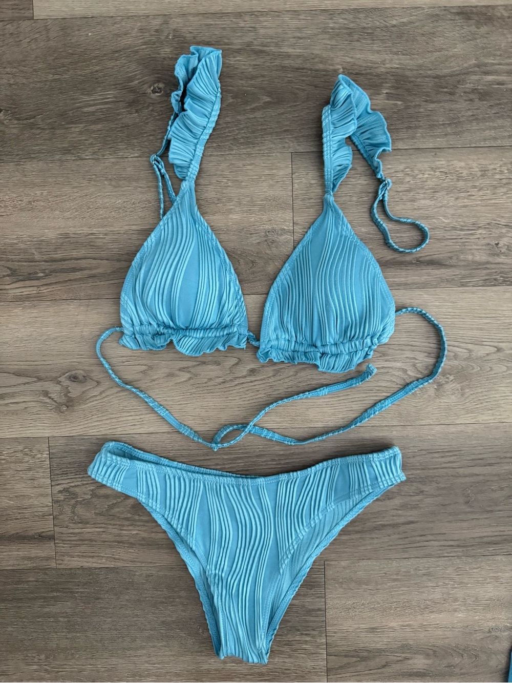 3-Piece Sky Blue Plissé Bikini Set with Matching Ruched Sarong Skirt
